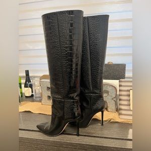 Paris Texas Black Mock Croc Knee High Stiletto Boots